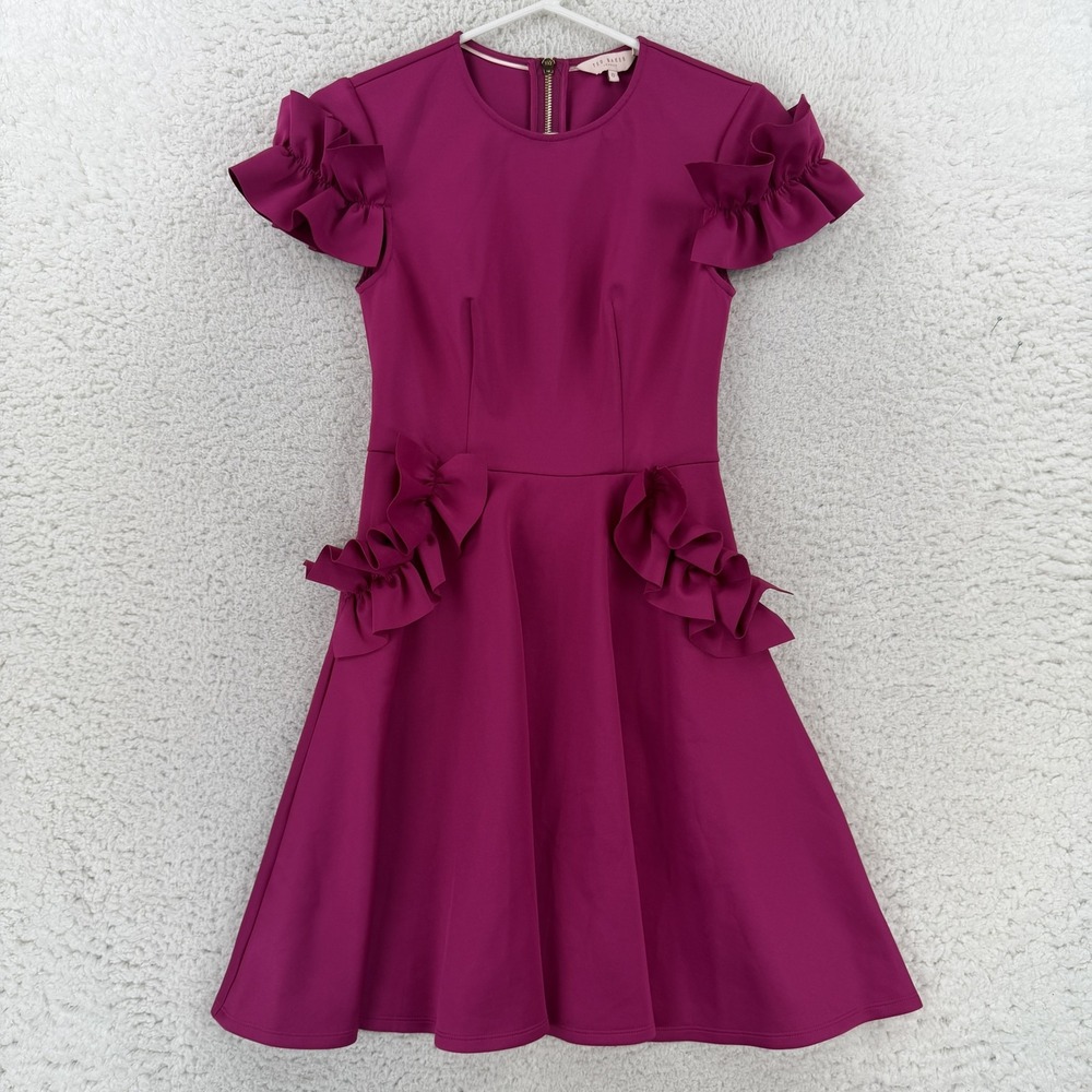 Ted Baker Dress Womens 0 Pink Ruffle Flutter Sleeve Fit & Flare Short Mini Party